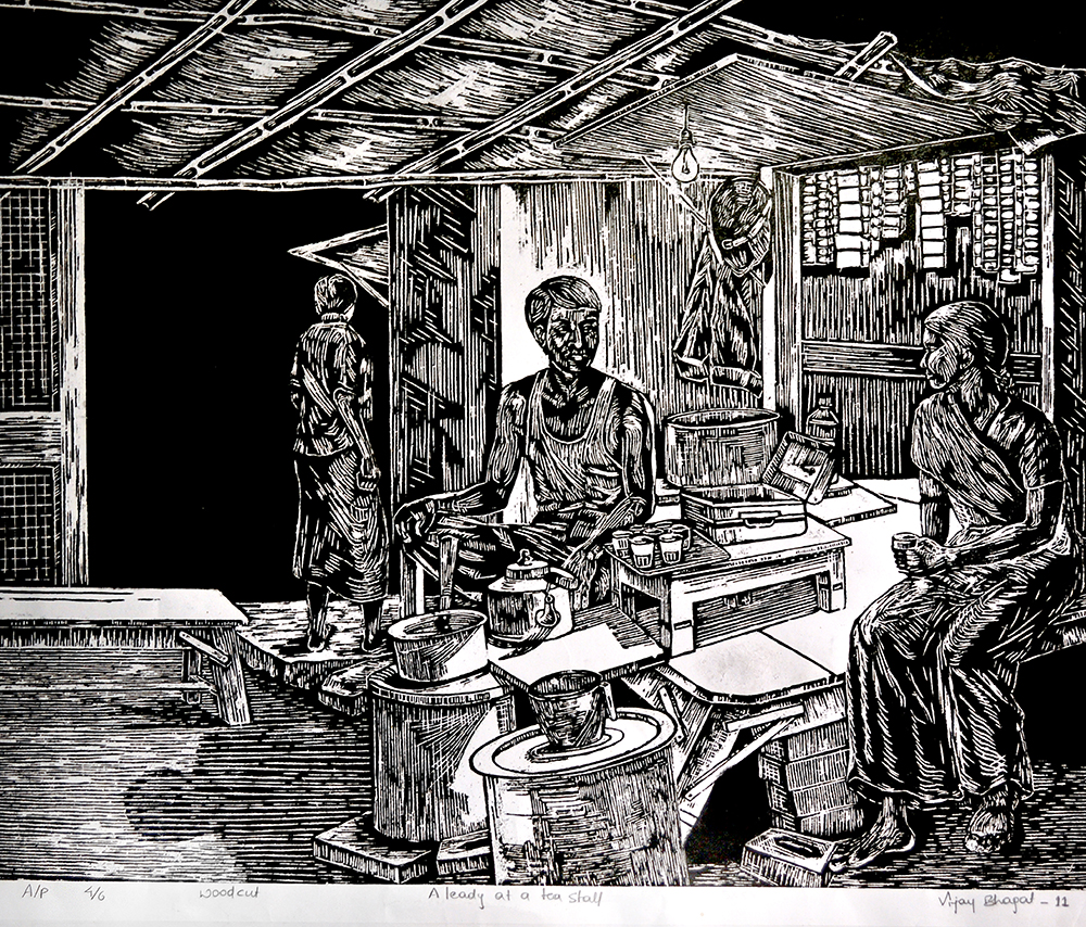 Chatting - Woodcut On Paper by Margaret De Silva