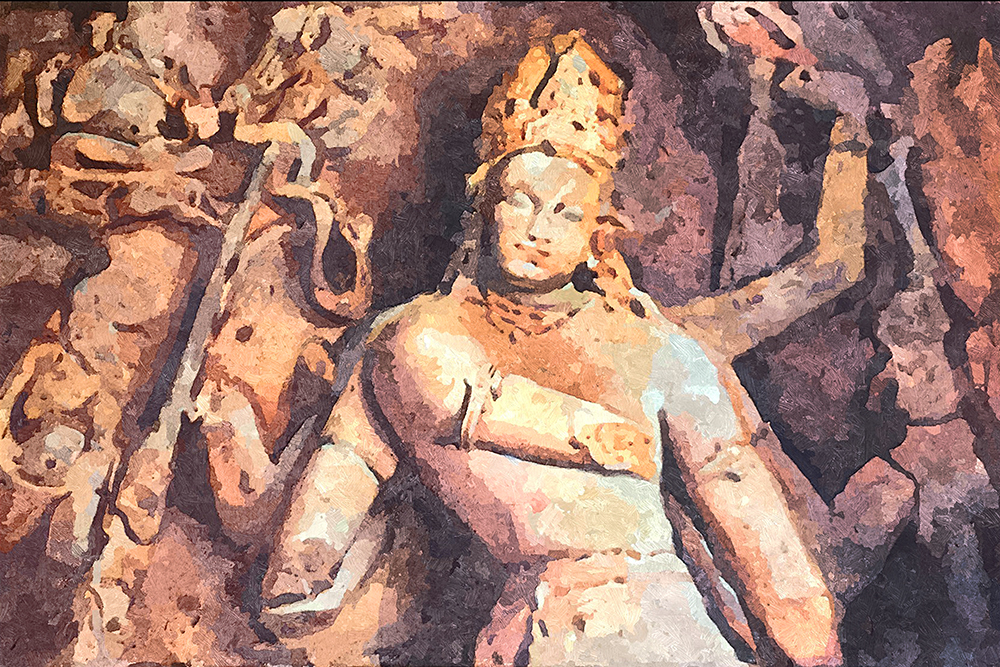 Elephanta Caves - Acrylic On Canvas by Ashok Agrawal