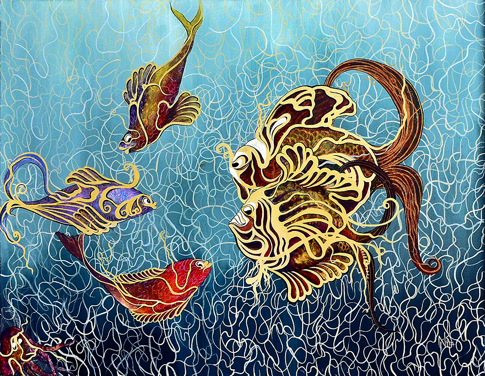 Fishes - Acrylic On Canvas by Nita Desai