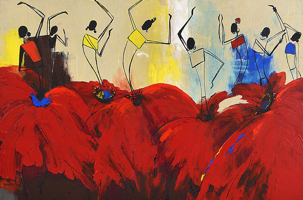 Dancing Flowers - Acrylic On Canvas by Surbhi Soni