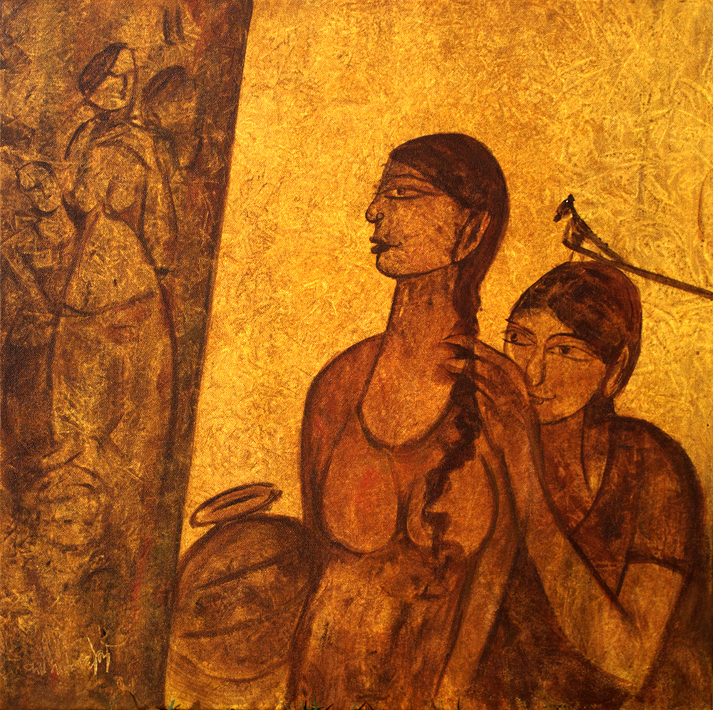 Ladies Gossip - Acrylic On Canvas by  Kamini Baghel