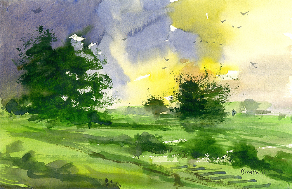 Countryside - Water Color On Paper by Dinesh Panchal