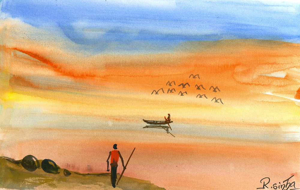 Wild blue Yonder - Water Color On Paper by Rakesh Sinha